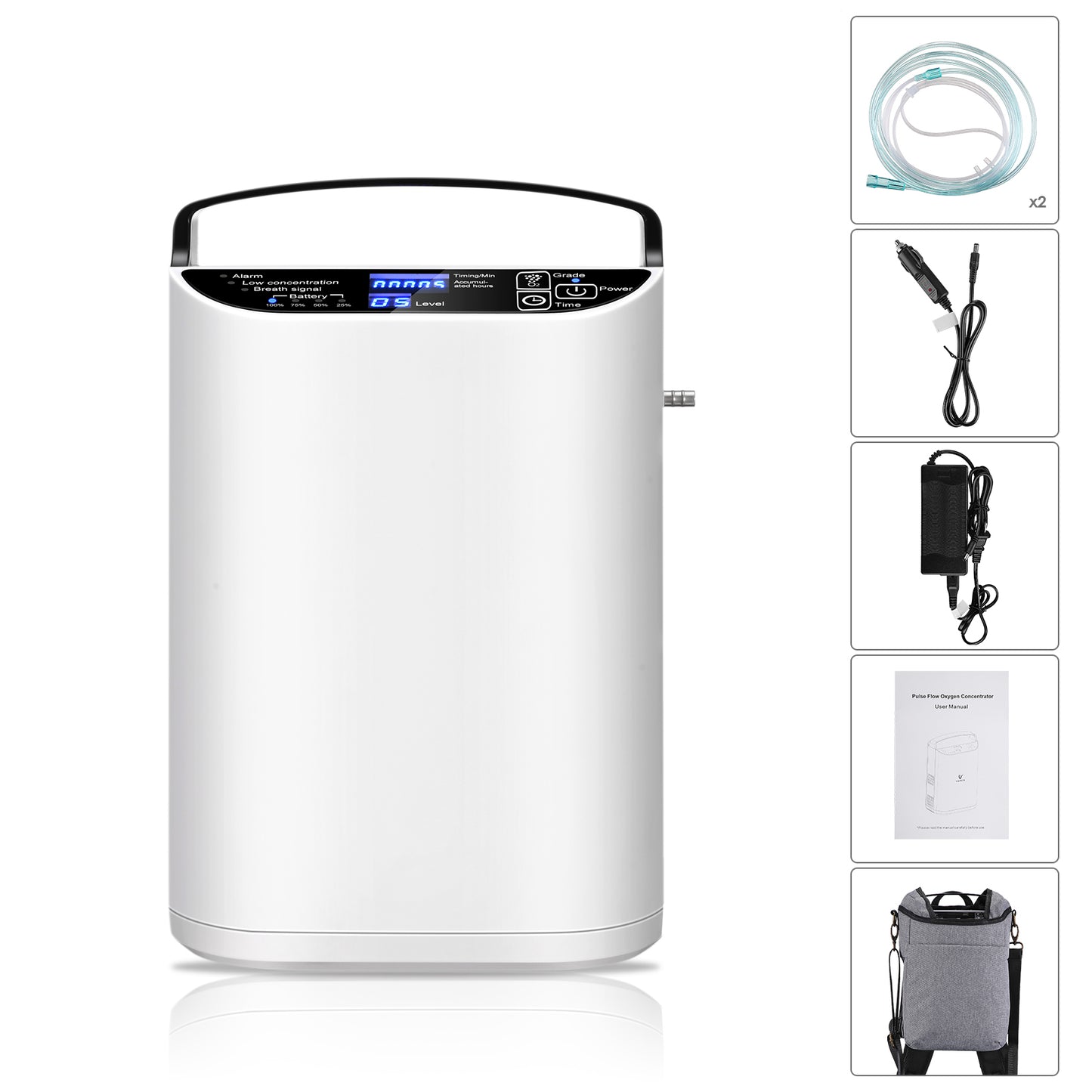 Concentratore di ossigeno portatile con flusso a impulsi regolabile fino a 5 l/min con batteria integrata e borsa per il trasporto